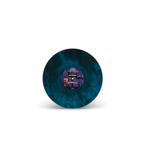 
                  
                    Vinyl record with a blue and black marbled design on a white background
                  
                