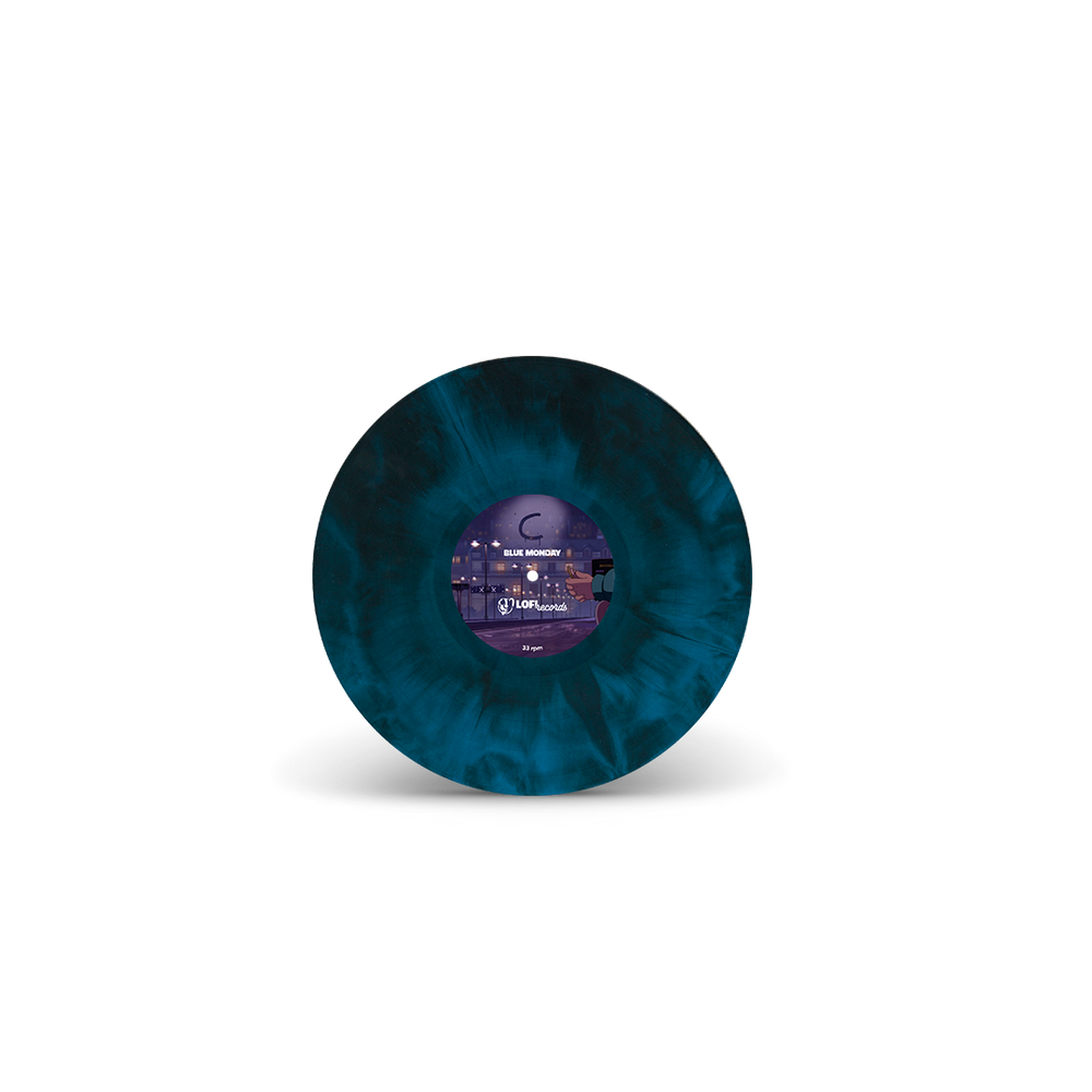 
                  
                    Blue vinyl record with a label on a white background
                  
                