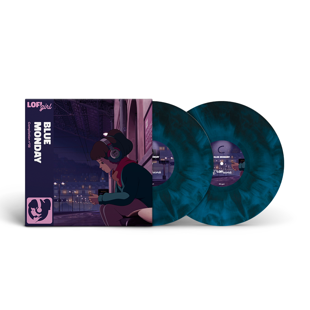 Vinyl records with a matching cover featuring a person with headphones against a cityscape background.