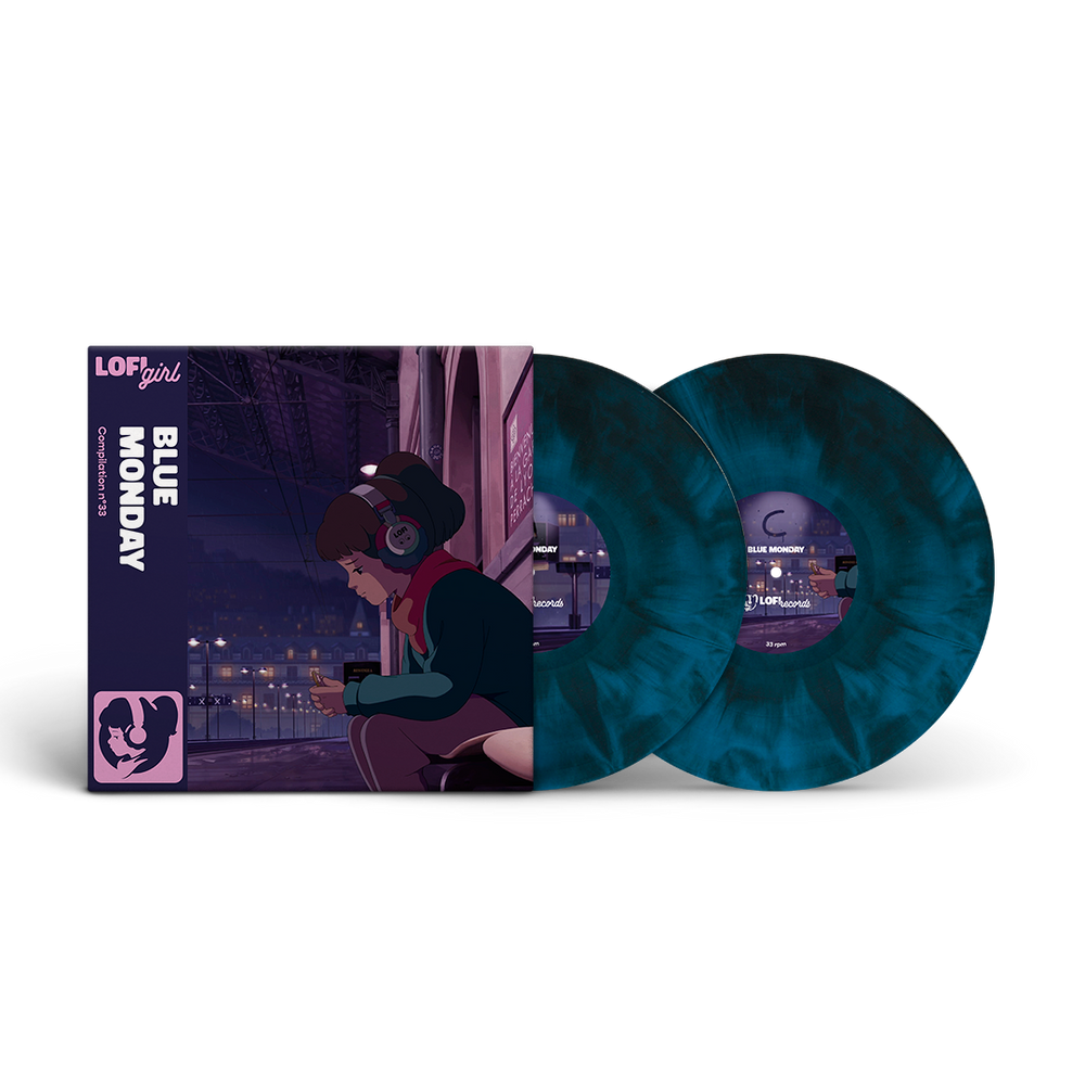 Vinyl records with a matching cover featuring a person with headphones against a cityscape background.