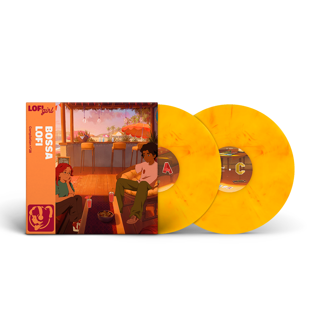 Vinyl records with orange sleeves featuring illustrations of people in a cafe setting.