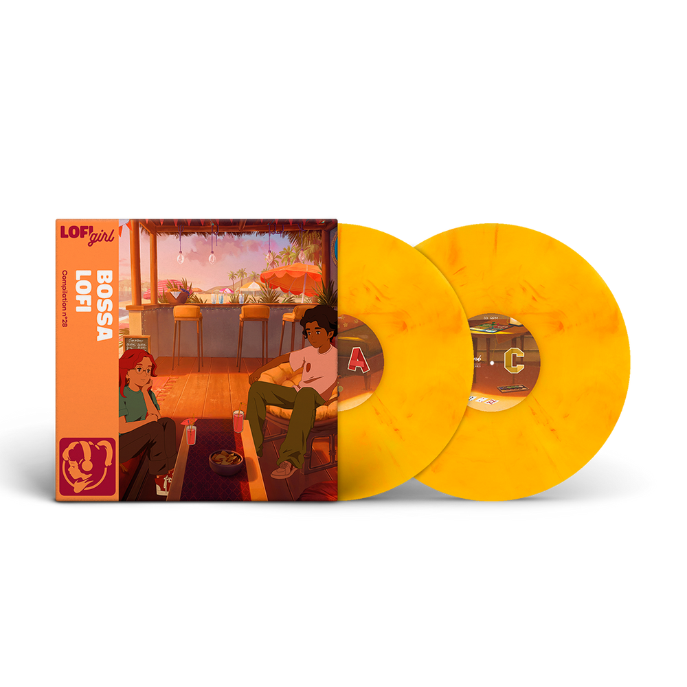 Vinyl records with orange sleeves featuring illustrations of people in a cafe setting.