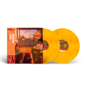 
                  
                    Vinyl records with orange sleeves featuring illustrations of people in a cafe setting.
                  
                