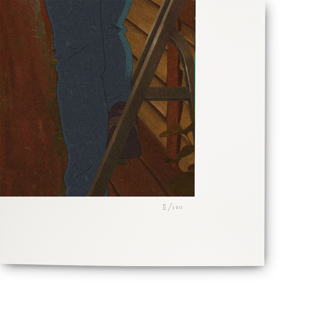 
                  
                    Art print with abstract design in brown, blue, and beige tones on a white background.
                  
                