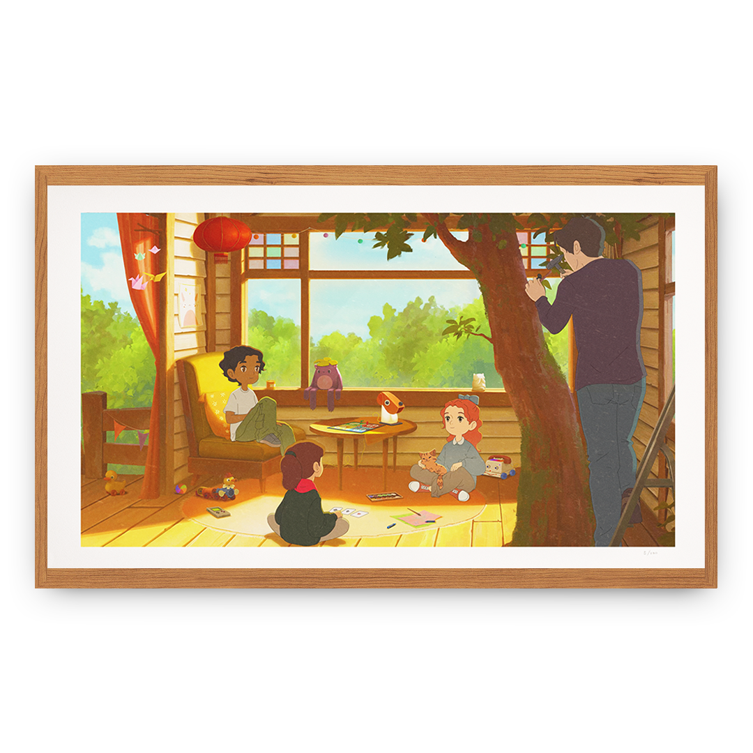Illustration of a family in a cozy room with a tree outside