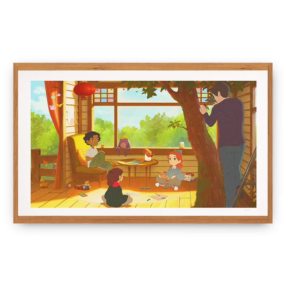 Illustration of a family in a cozy room with a tree outside