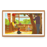 Illustration of a family in a cozy room with a tree outside