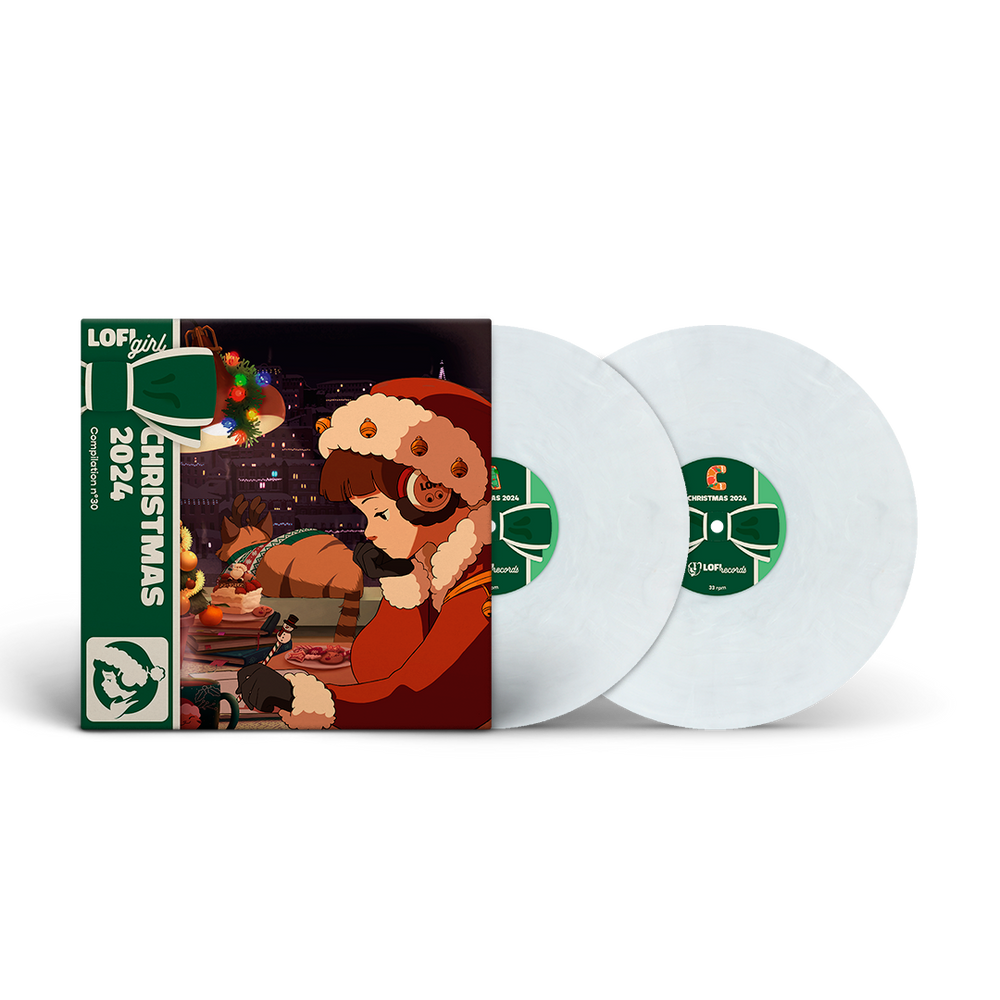 Vinyl records with a Christmas-themed cover featuring a person in a Santa hat and dog.