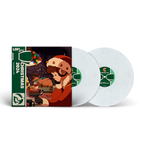 
                  
                    Vinyl records with a Christmas-themed cover featuring a person in a Santa hat and dog.
                  
                