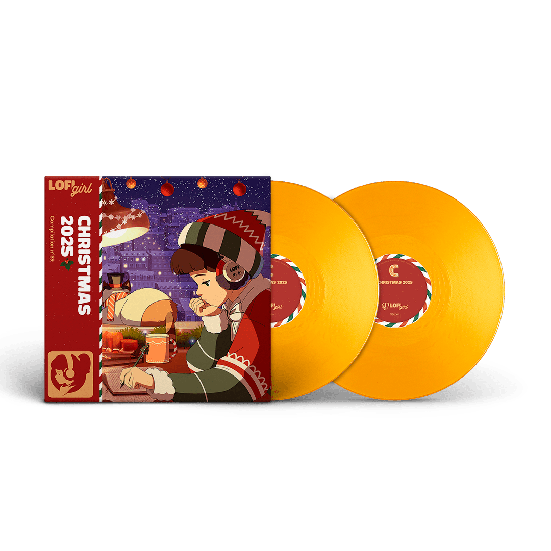 Orange vinyl records with a colorful packaging featuring an illustration of a person in a festive outfit.