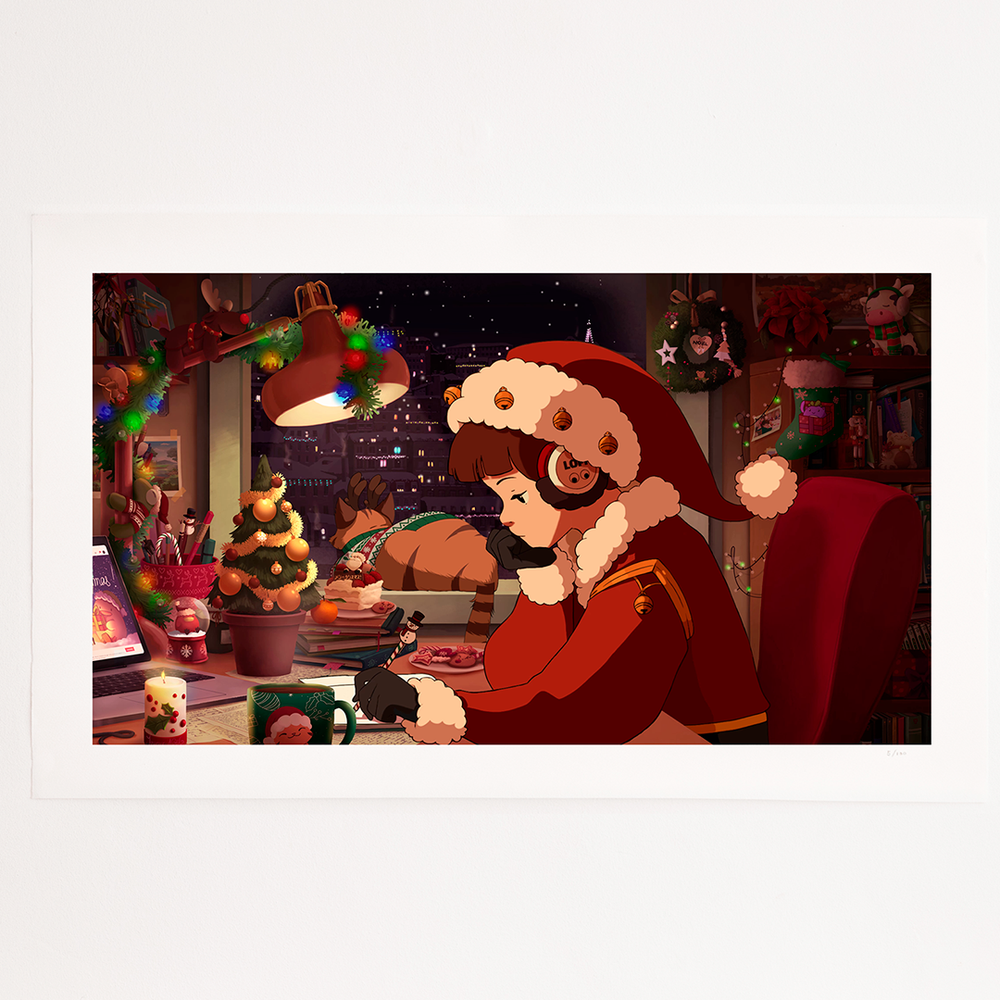 A detailed image of the Lofi Girl Christmas print, with Lofi Girl dressed in a Santa-style outfit, complete with a hat and fluffy trim, immersed in her studies. The scene is filled with holiday decorations, warm lighting, and a sense of festive cheer.