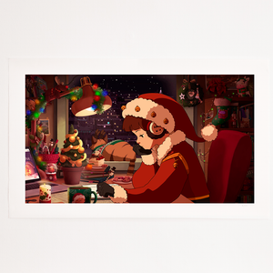 
                  
                    A detailed image of the Lofi Girl Christmas print, with Lofi Girl dressed in a Santa-style outfit, complete with a hat and fluffy trim, immersed in her studies. The scene is filled with holiday decorations, warm lighting, and a sense of festive cheer.
                  
                