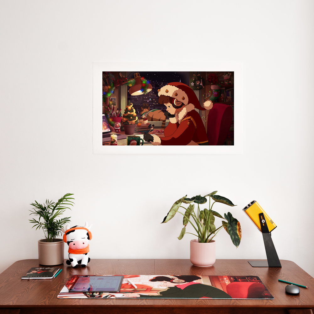 A framed print featuring Lofi Girl in a cozy Christmas-themed room, studying at her desk with a warm holiday ambiance. The scene includes festive decorations like a small Christmas tree, colorful lights, and seasonal items on the desk, with a background view of a snow-covered city.