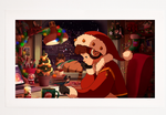 A detailed image of the Lofi Girl Christmas print, with Lofi Girl dressed in a Santa-style outfit, complete with a hat and fluffy trim, immersed in her studies. The scene is filled with holiday decorations, warm lighting, and a sense of festive cheer.