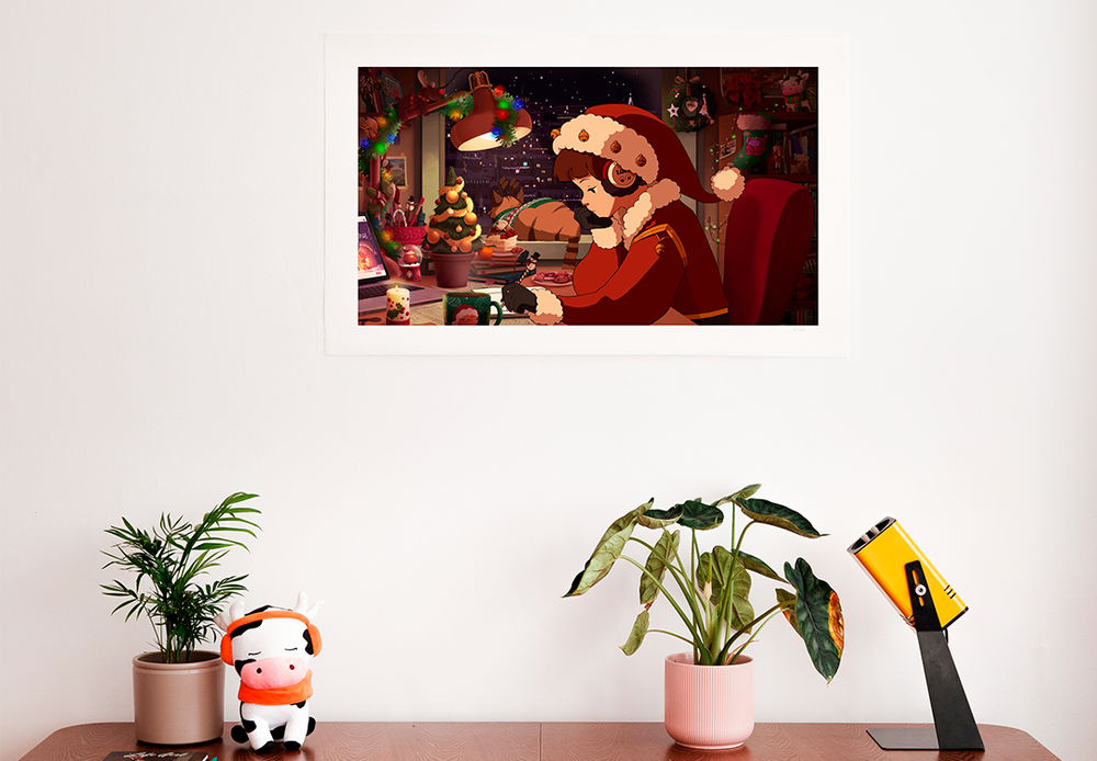 A framed print featuring Lofi Girl in a cozy Christmas-themed room, studying at her desk with a warm holiday ambiance. The scene includes festive decorations like a small Christmas tree, colorful lights, and seasonal items on the desk, with a background view of a snow-covered city.