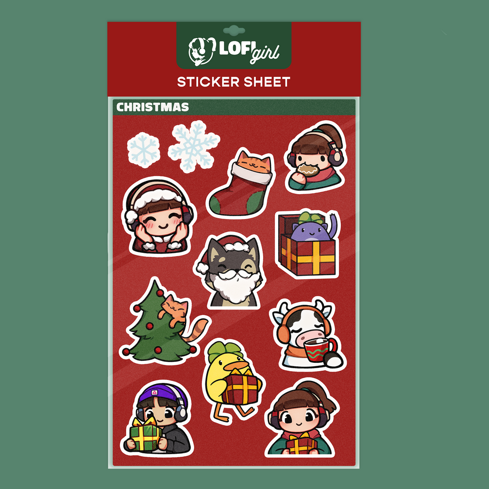 A festive Lofi Girl Christmas sticker sheet featuring adorable illustrations with a cozy holiday theme. The sheet includes stickers of Lofi Girl wearing headphones in various poses, snowflakes, a Christmas stocking, a decorated tree, a happy cat in a gift box, and characters holding presents and sipping hot drinks, all set against a red background with 