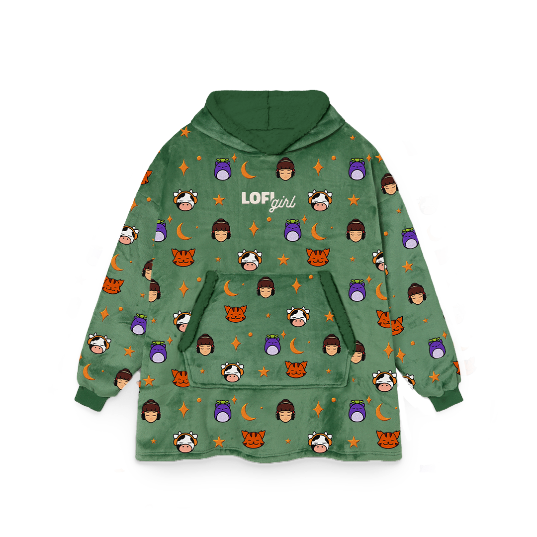 Lofi Girl Mascots Blanket Hoodie in green, oversized wearable blanket with an all-over pattern of Lofi Girl, ChilledCow, Pocky the cat and Mochi, and an embroidered Lofi Girl logo