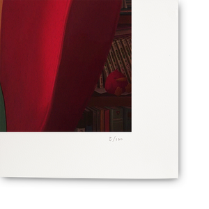 
                  
                    Art print with a red curtain and books in the background, framed by a white border.
                  
                