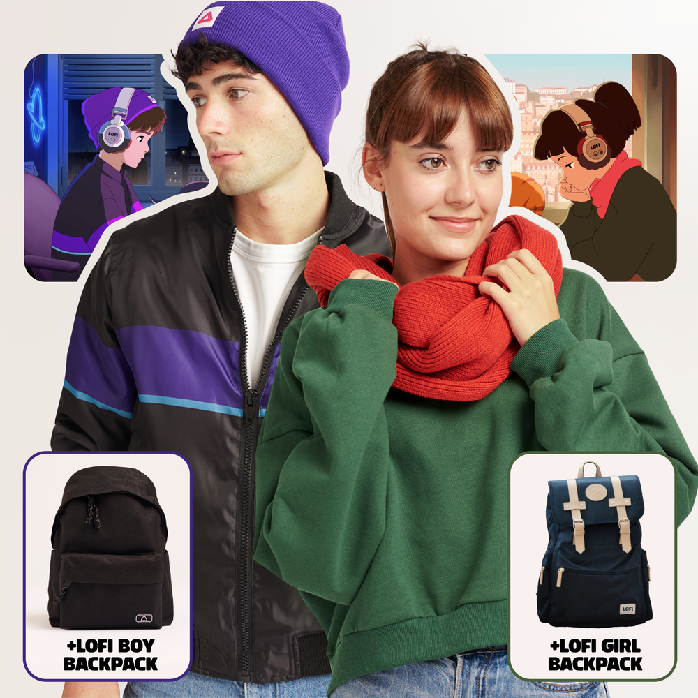 
                  
                    Promotional image featuring models dressed as Lofi Girl and Lofi Boy. The male model on the left wears a purple beanie and a black jacket with purple and blue stripes, resembling the Lofi Boy character. The female model on the right wears a green sweatshirt and an orange scarf, embodying Lofi Girl's look. Background illustrations of the animated Lofi Boy and Lofi Girl are shown behind them. Below the models, two backpacks are featured: a black one labeled ‘Lofi Boy Backpack’ and a navy blue one
                  
                