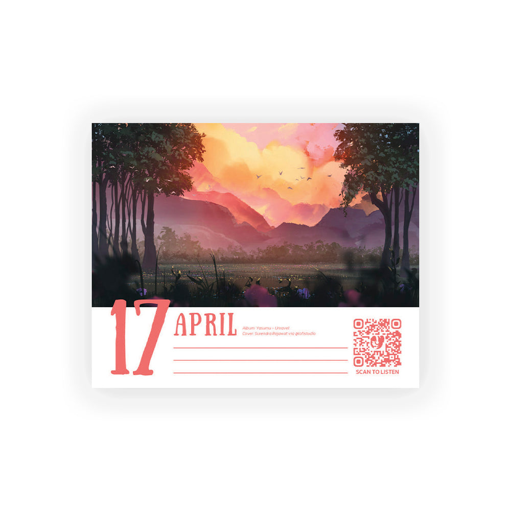 
                  
                    April 17 Lofi Girl calendar page featuring a picturesque sunset over a valley, framed by trees and vibrant clouds. The page includes a QR code for music and space for writing daily notes.
                  
                