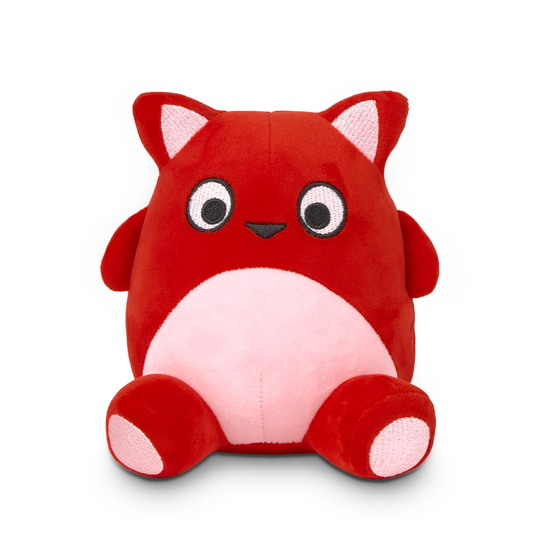Red and pink plush toy with a white background