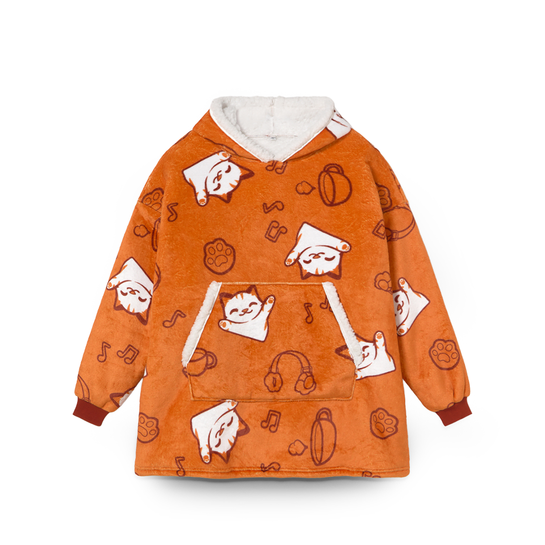 Orange hoodie with cartoon character patterns on a white background