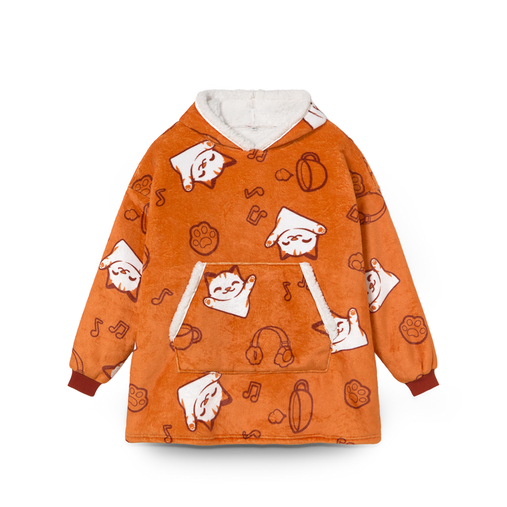 Orange hoodie with cartoon character patterns on a white background