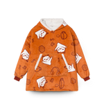 Orange hoodie with cartoon character patterns on a white background