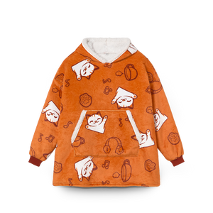 
                  
                    Orange hoodie with cartoon character patterns on a white background
                  
                