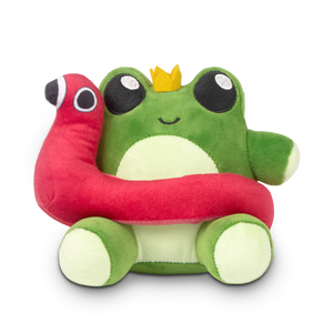 
                  
                    Plush toy frog with a crown holding a red worm on a white background
                  
                