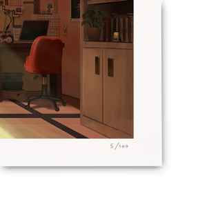 
                  
                    Room with a desk, chair, and bookshelf in a framed picture.
                  
                