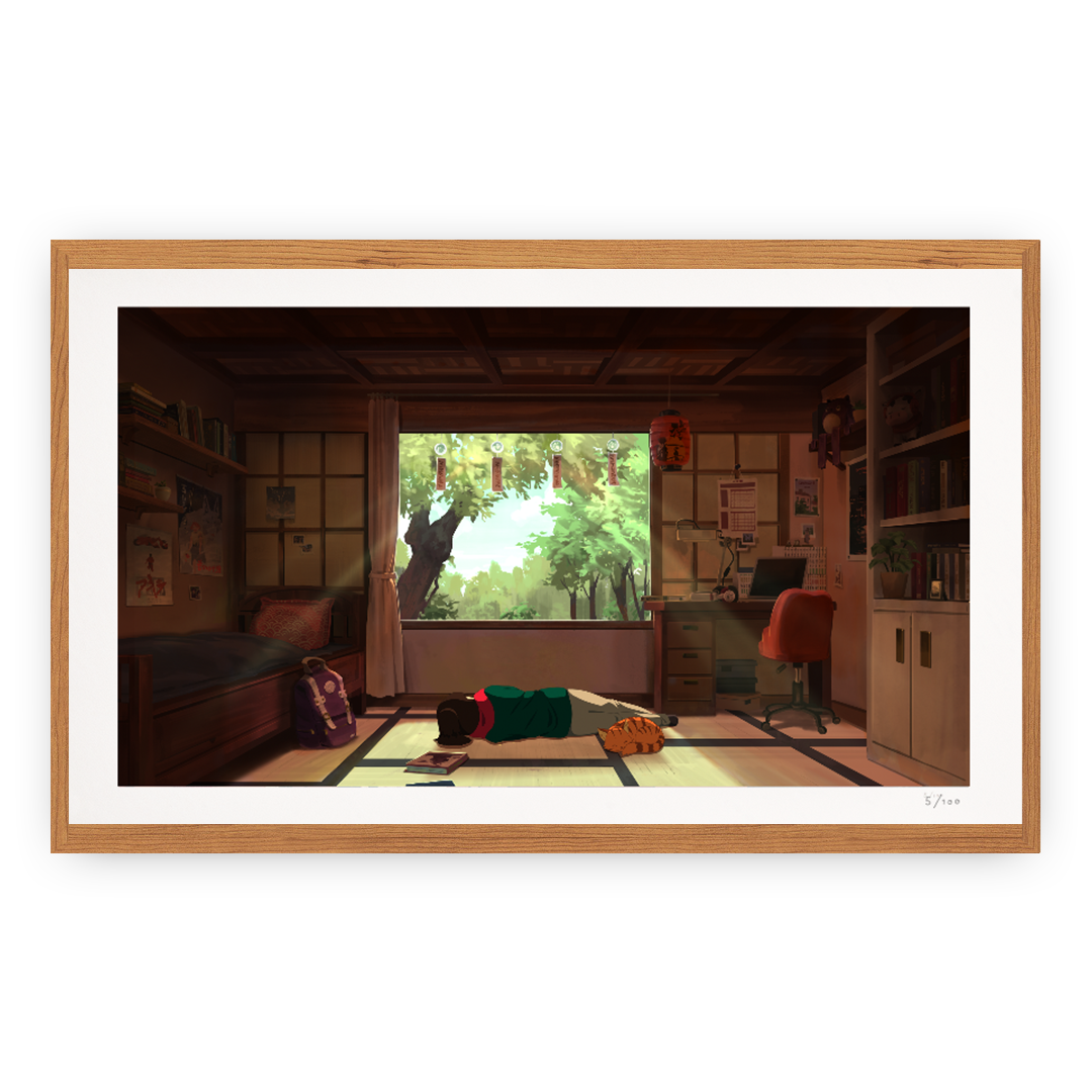 Framed artwork of a room with a large window, desk, and various items.