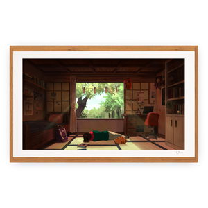 
                  
                    Framed artwork of a room with a large window, desk, and various items.
                  
                