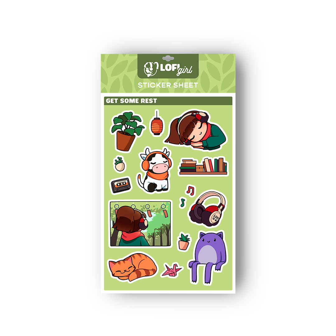 Sticker sheet with various illustrations on a green background