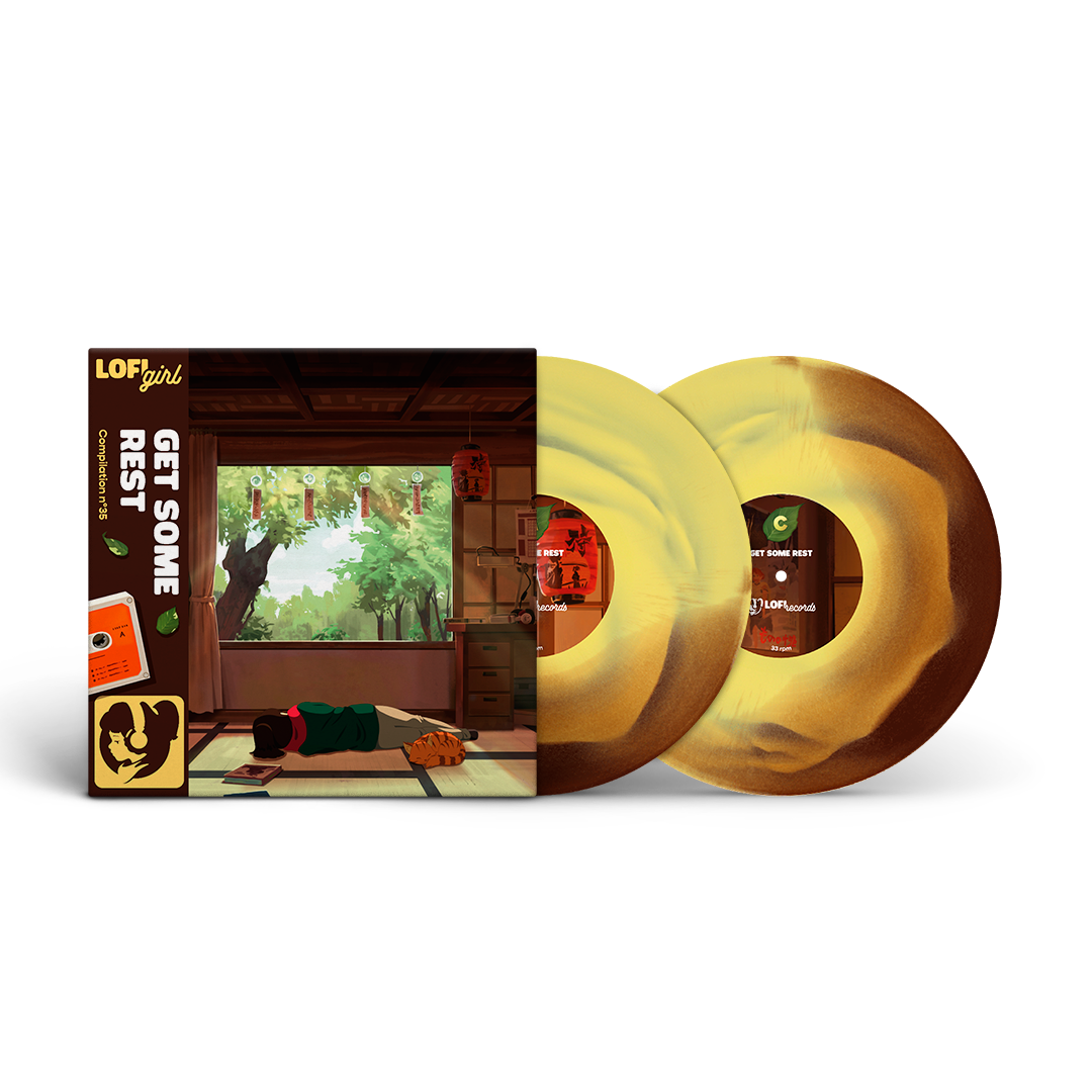 Vinyl record with a colorful cover featuring a nature scene and album art.