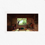 A full view of the Lofi Girl print, illustrating her resting in a peaceful room with warm lighting, a desk, bookshelves, and a large window overlooking lush greenery. The print is surrounded by a white border with a handwritten edition number.