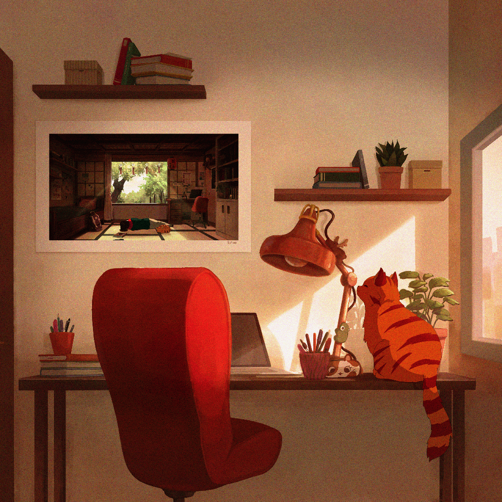 A cozy workspace featuring a framed Lofi Girl print on the wall, depicting her resting in a serene room. A ginger cat sits on the desk, illuminated by warm sunlight.