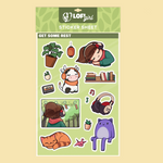 Lofi Girl 'Get Some Rest' sticker sheet featuring cozy chibi-style illustrations of Lofi Girl sleeping, her cat, a cow wearing headphones, and relaxing elements like plants, books, and music. Packaged on a green-themed backing card with 'Lofi Girl' branding.