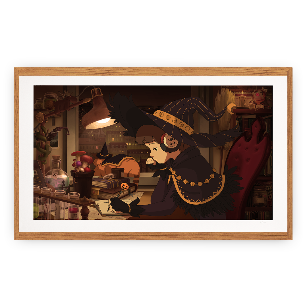 Framed artwork of a witch in a cozy room with books and a lamp.