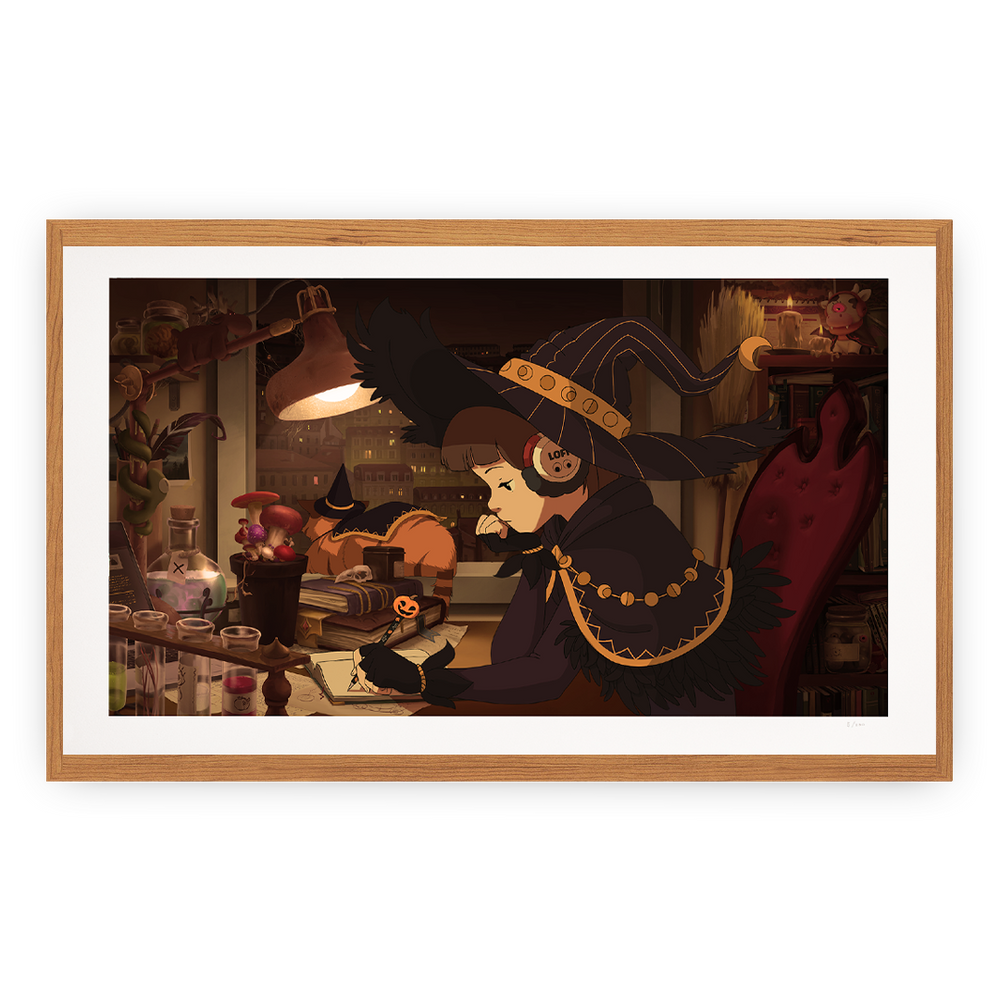 Framed artwork of a witch in a cozy room with books and a lamp.