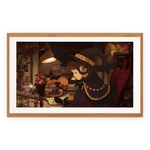 Framed artwork of a witch in a cozy room with books and a lamp.
