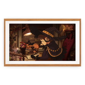 
                  
                    Framed artwork of a witch in a cozy room with books and a lamp.
                  
                