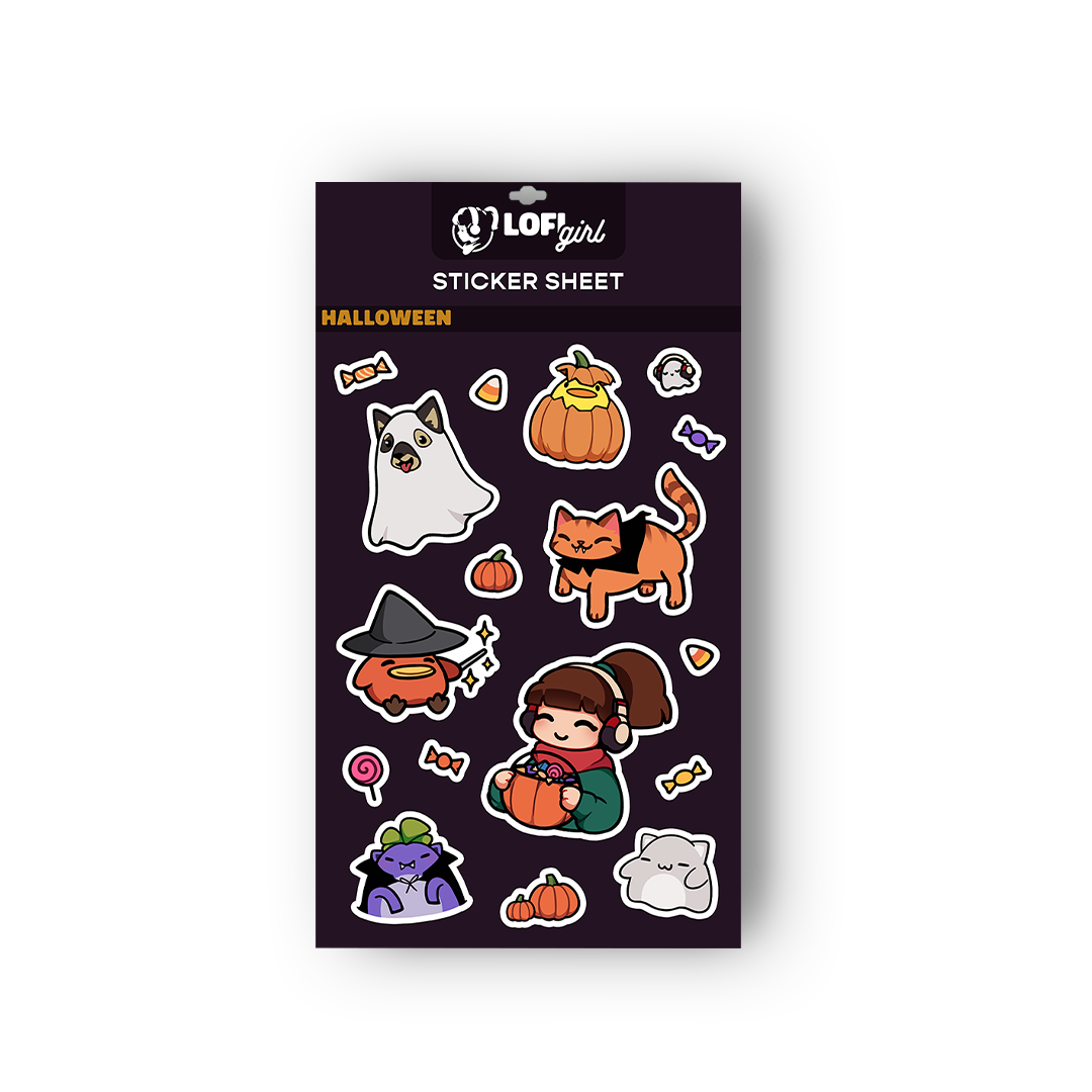 Halloween-themed sticker sheet with various characters on a purple background