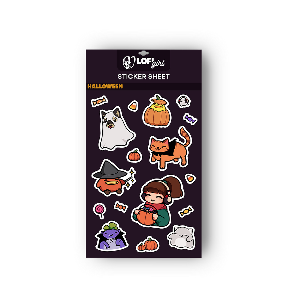 Halloween-themed sticker sheet with various characters on a purple background