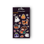 Halloween-themed sticker sheet with various characters on a purple background