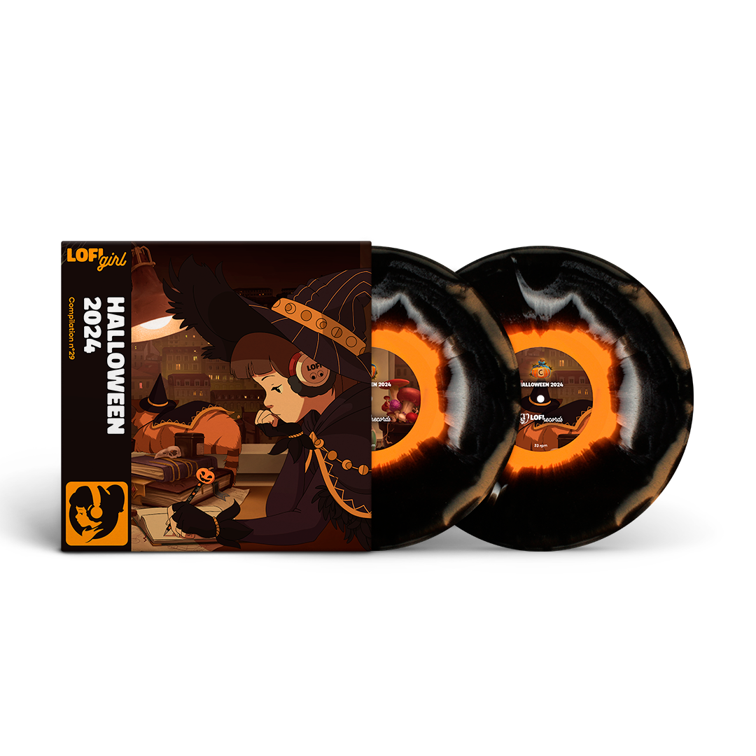Vinyl records with Halloween-themed design and packaging on a white background