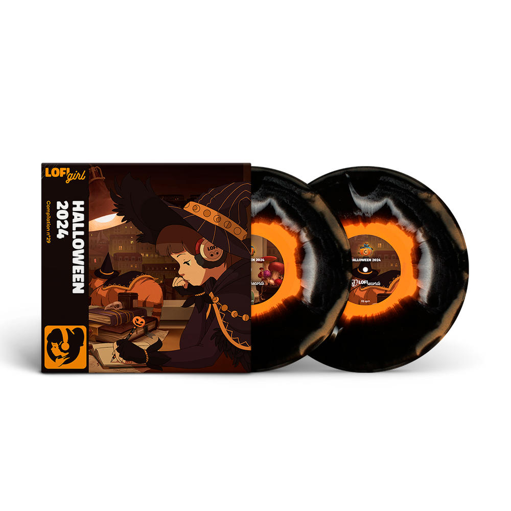Vinyl records with Halloween-themed design and packaging on a white background