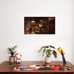 The same Halloween-themed print displayed on a wall above a desk. On the desk are a few plants, a mouse, a lamp, and a plush toy of a cow wearing headphones. The atmosphere is calm and creative, adding a cozy vibe to the work or study space.