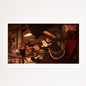 
                  
                    A Halloween-themed illustration featuring a girl wearing a witch's hat and headphones while writing in a book. She is sitting in a dimly lit, cozy room filled with potion bottles, books, and mystical objects. A cat is perched on a nearby shelf, blending into the magical scene.
                  
                