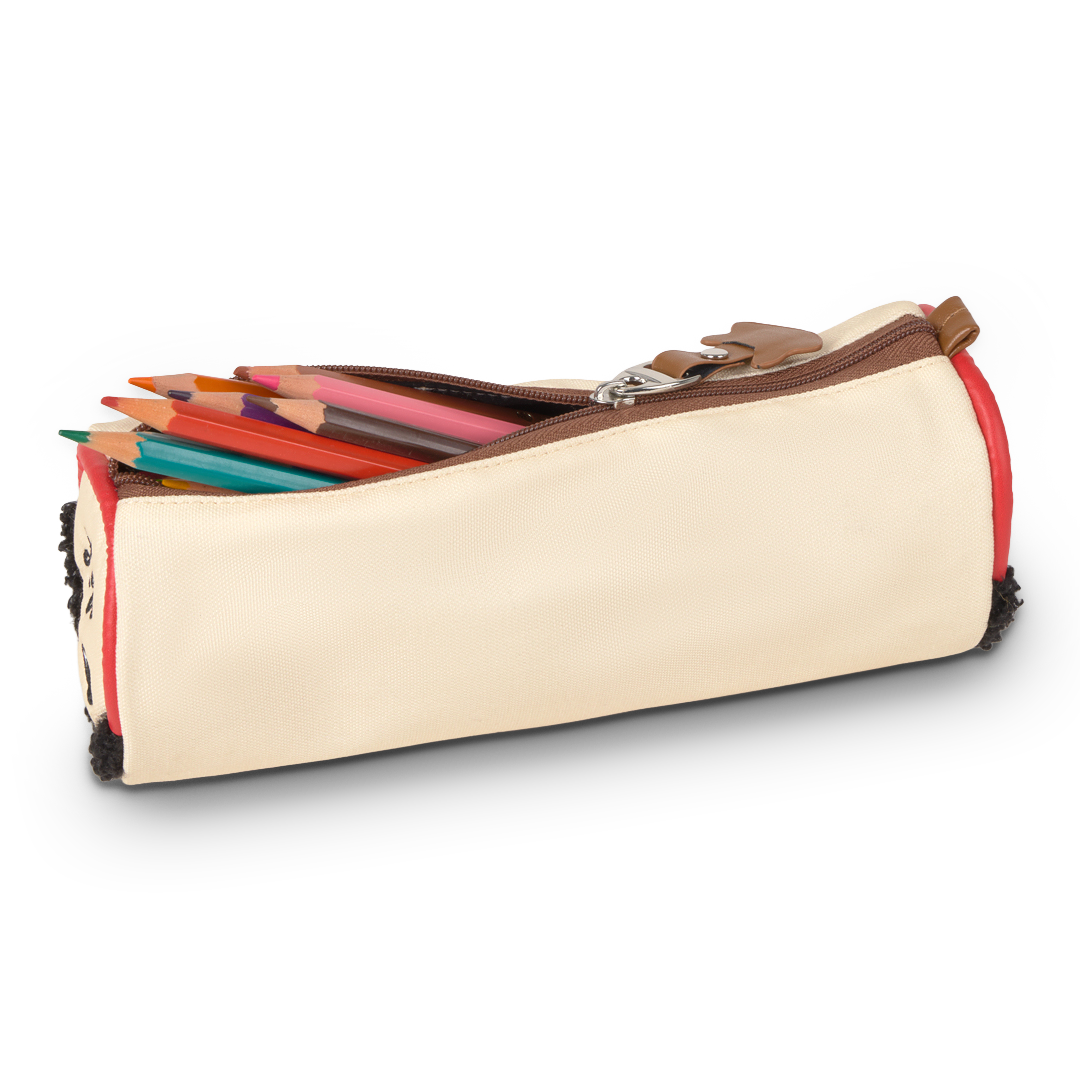 Beige pencil case with colorful pencils on a white background